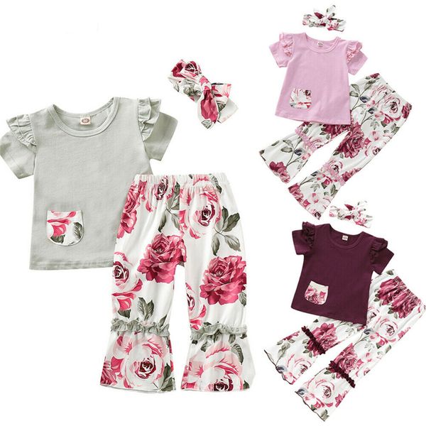 

new baby flower girl clothes set ruffle sleeve t-shirt floral flare pants+headband 3pcs cute outfit kid newborn clothing set, White