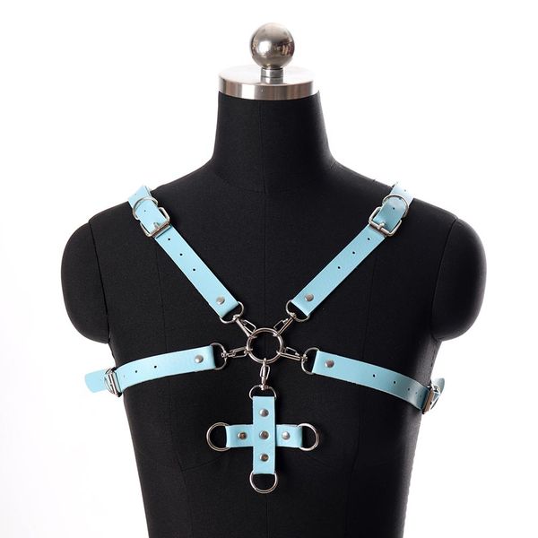

pastel goth leather harness lingerie belt suspender cross chest body bondage festival rave fashion blue strap plus size, Black;white
