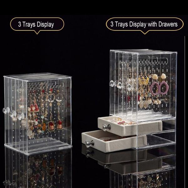 

3 layers dustproof acrylic earrings display stand shelf jewelry storage box drawers rack holder storage case 1pcs, Pink;blue