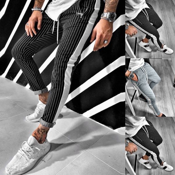 

2019 fashion men long trousers many occasion men slim comfortable male pants with pockets black white striped casual pants