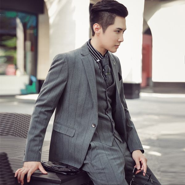 

korean slim men's stripe casual suit three piece suit bridegroom man wedding dress plus size, White;black