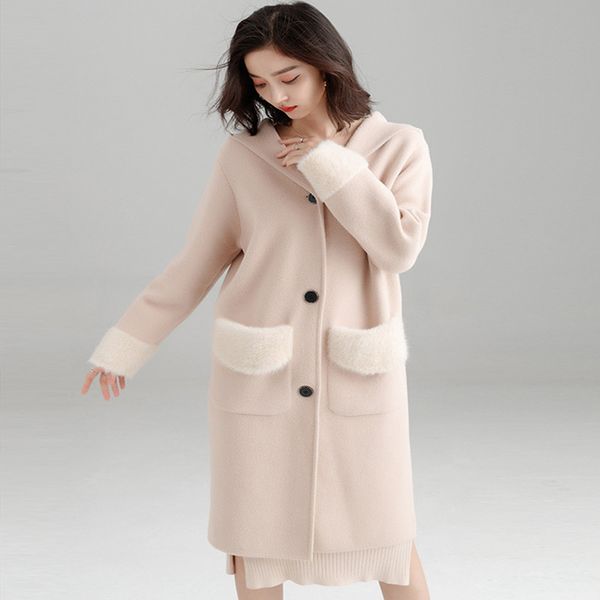 

good quality 2019 spring long knitted cardigan loose overcoat water-proof mink double-sided nipple coat women woolen overcoat, Black