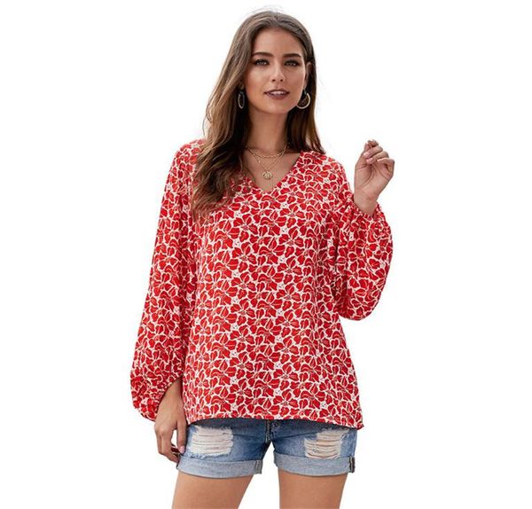 

womens designer long sleeve shirts casual lantern sleeve v neck summer shirts floral printed womens shirts, White