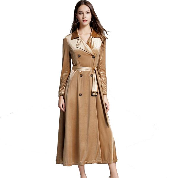 

boutique women's windbreaker jacket 2019 spring new gold velvet coat long windbreaker tie waist coat female, Tan;black