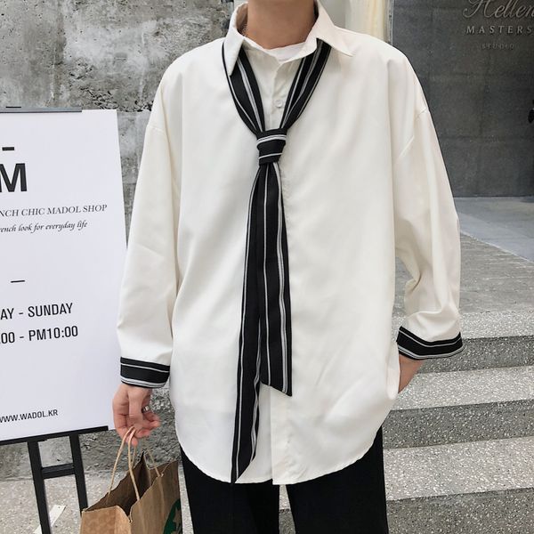 

2019 spring new dress shirt men fashion solid color casual shirt man streetwear trend wild loose seven-point sleeve -5xl, White;black