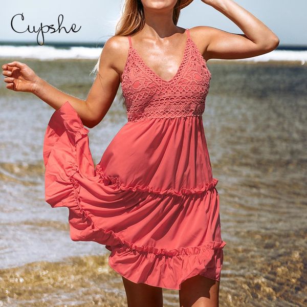 

cupshe ruffled tiersv neck spaghetti strap sleeveless cupcake dress 2019 beach solid crochet vestidos women summer sundress, Black;gray