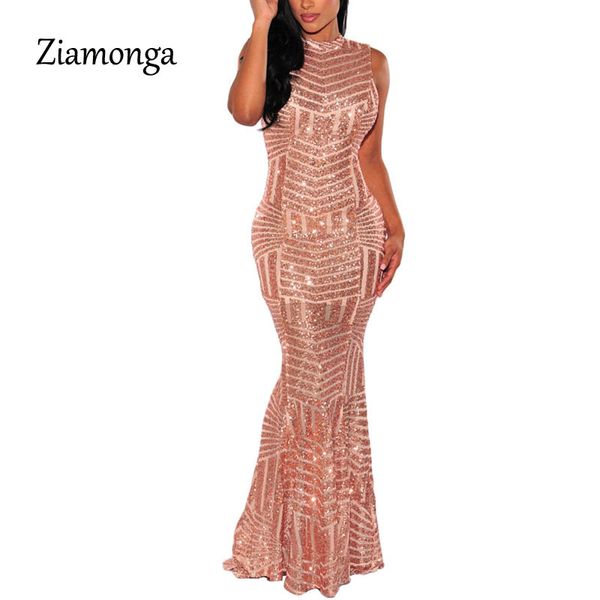 

ziamonga gold sequin mermaid women dresses high end o neck sleeveless long women dress vestidos de festa floor length maxi dress, Black;gray