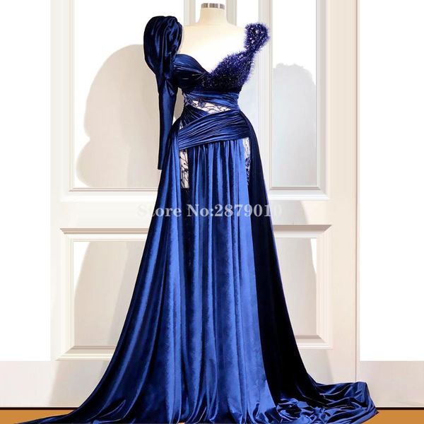 

glamorous one shoulder royal blue a-line turkish evening dress floor-length applique slit prom dress celebrity 2020 dubai, White;black