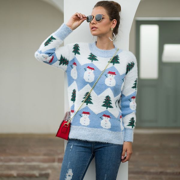 

womens mohair christmas sweater long sleeve o-neck knitting printing christmas tree loose casual pullover, White;black