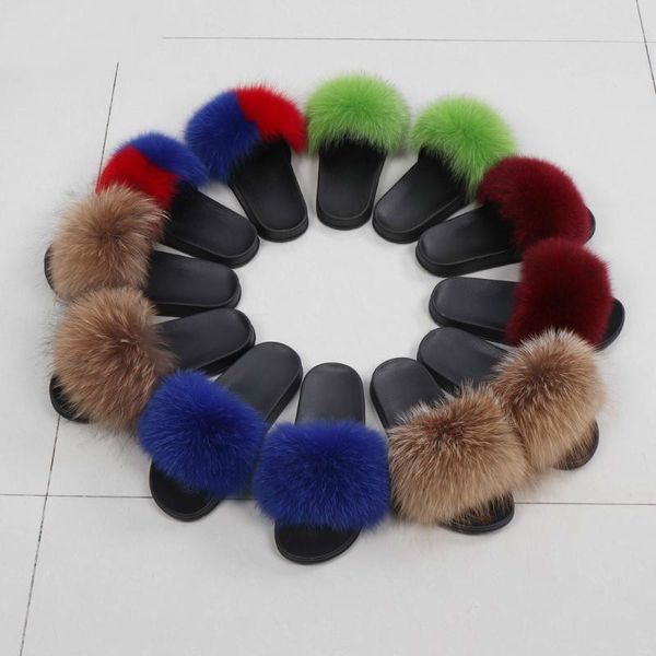 

2020 lady new real подлинные меховые тапочки девочки милые пушистые меховые real обувь слайды енот плоские сандалии, Black