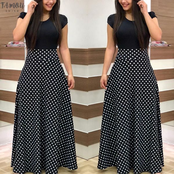 

2020 women vintage maxi long dress women's ladies short sleeve splicing wave point party dress robe femme vestidos plus size, Black;gray