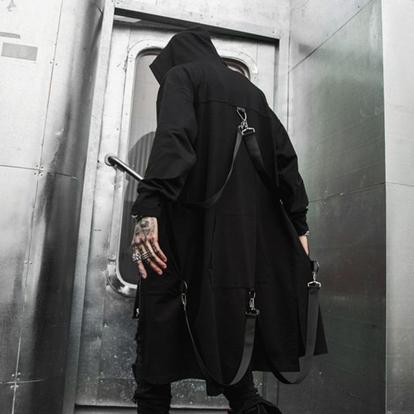 

korean street style hip hop personality handsome men's coat long hooded windbreaker casual wild loose black outwear, Tan;black