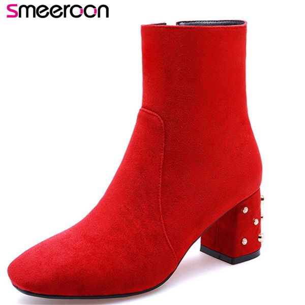 

smeeroon 2018 new fashion high heels ankle boots for women square toe autumn winter boots zip women prom shoes, Black