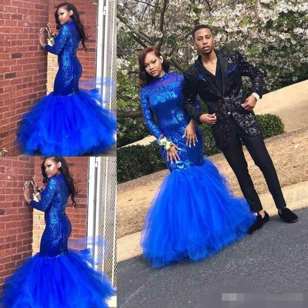 

royal blue mermaid prom dresses long sleeves sequins 2020 tulle floor length sheer neck illusion black girls formal evening gowns plus size