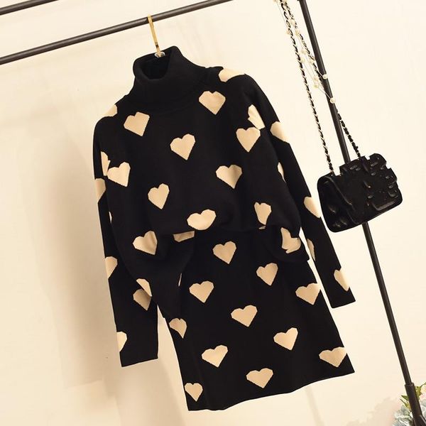 

женщины love heart жаккардовые юбки костюмы с длинным рукавом водолазка пуловер свитер мини-юбка мода вязаная set, White