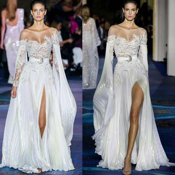 Abiti da sposa di lusso Zuhair Murad con perline A Line Manica lunga Collo trasparente Paillettes Abiti da sposa applicati in pizzo Abito da sposa sexy con spacco alto