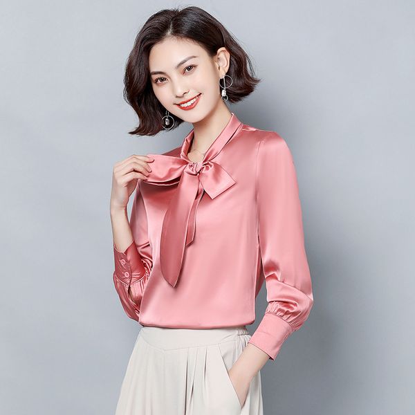 

2020 luxury runway designer silk bow shirts women fashion long sleeve casual ladies slim shirt blouses elegant slim office shirts, White