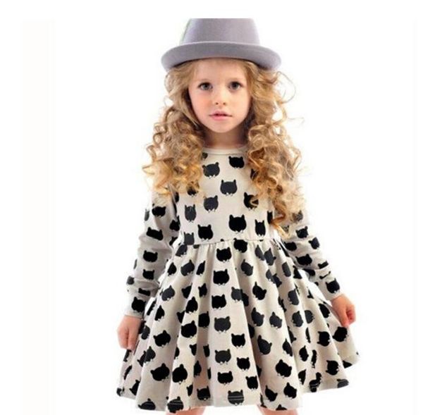 

girl dresses cotton long sleeve black stamp elastic pleated zou comfortable dress stitching girl dress cartoon cat dress, Red;yellow