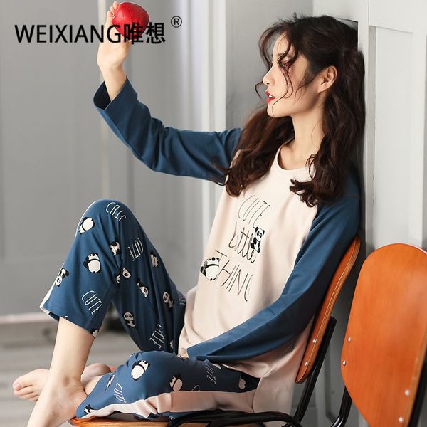 

weixiang spring woman pajama set cotton nightwear femal bottom suit casual +pants lounge pajamas+ pants -3xl, Blue;gray