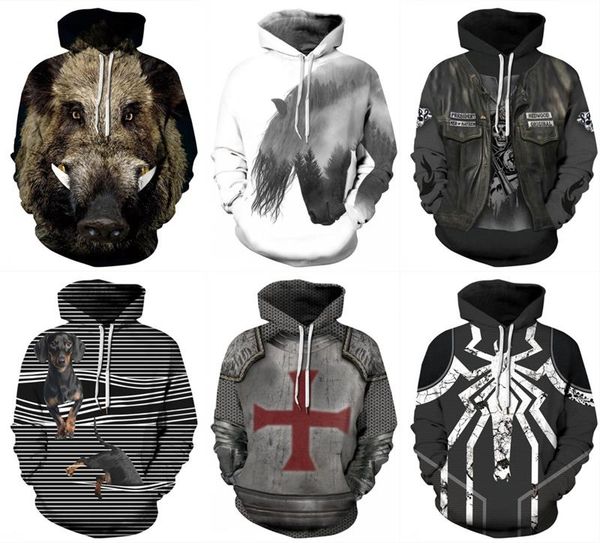 

2019 animal hoodies unicorn skull wild boar spider 3d hooded sweatshirts 3d pullovers men women long sleeve outerwear, Black
