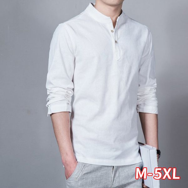 

man cotton linen shirts long sleeve solid color stand collar chinese clothes male big size casual shirts grey black men, White;black
