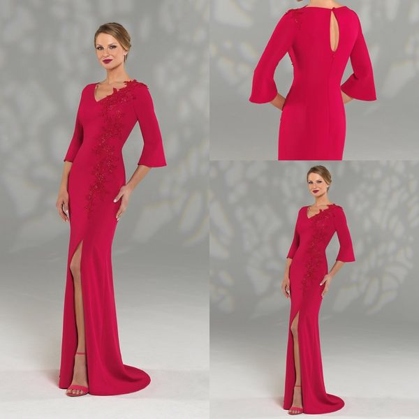 

mermaid red mother of the bride dress v-neck 3/4 long sleeve applique beaded high-split floor-length custom made formal party dress cheap, Black;red