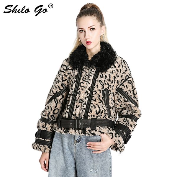 

fur coat highstreet color block cut-and-sew leopard lamb fur jacket coats women winter casual buckle belted drop shoulder coats, Black