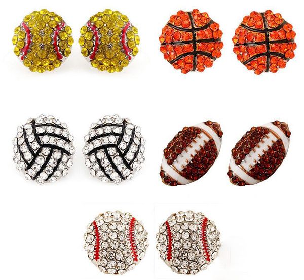 

new sports basketball volleyball stud earrings bling ball softball stud earrings rhinestone crystal bling for sports girls wholesale, Golden;silver