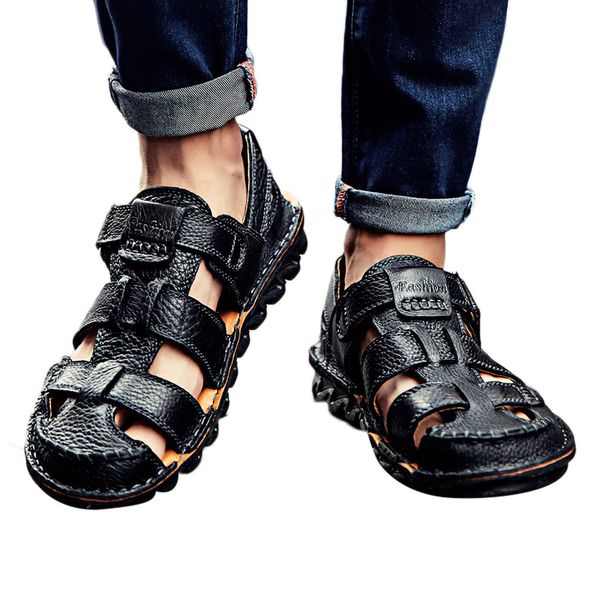 

men's sandals summer men shoes breathable walking beach sports slippers outdoor men\x27s shoes leather soft bottom19apl23, Black