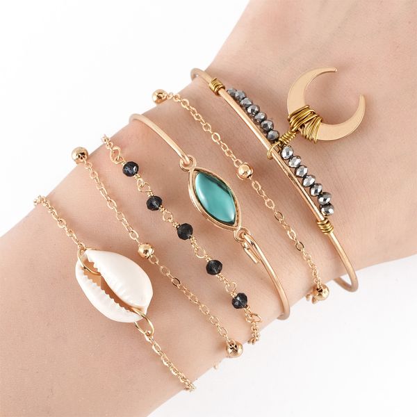 

alyxuy 6 pcs/ set boho eyes shell moon black beads chain adjustable gold bracelet set for women fashion party jewelry bracelets