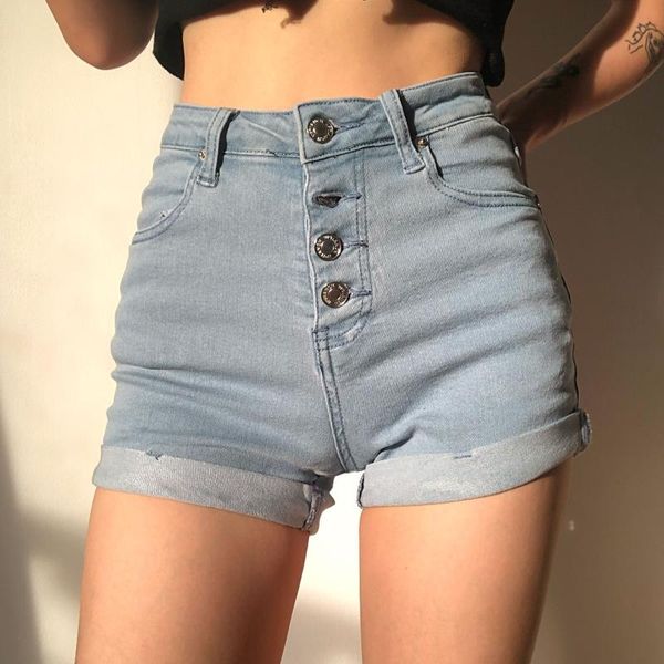 

european and american retro high waist hip buckle elastic denim shorts slim shorts, Black;white