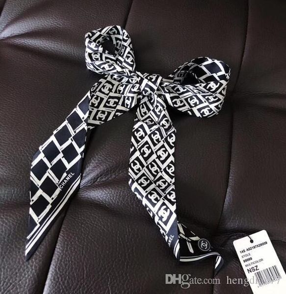 

2019 women fashion ribbon silk scarf beautiful mix design girls neckerchief hair band bag handle wraps small neck scarves, Blue;gray