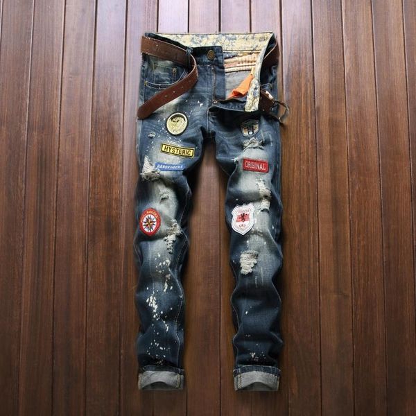 

men jeans fashion patches hole washed embroidery bleached long distrressed zipper fly straight cotton blend size 28-34, Blue