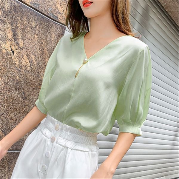 

avocado green chiffon western short-sleeved women's clothing 2020 sweet super all-match shirt avocado green chiffon western short-sleev, White
