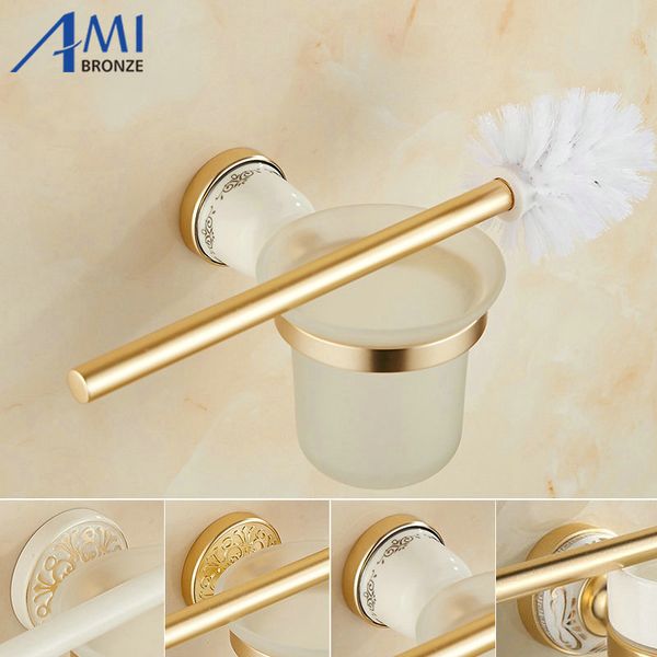 

ag series golden polish space aluminum bathroom toilet brush holders with glass cup sets wall mounted holder