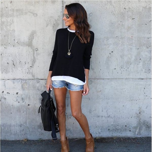 

panel mock two-piece round-neck long-sleeve t-shirt panel mock two-piece round-neck long-sleeve t-shirt, White