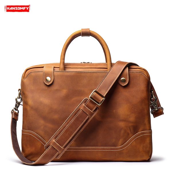 

new men's portable briefcase first layer leather shoulder diagonal bag business 15.6-inch computer bag brown leather briefcases