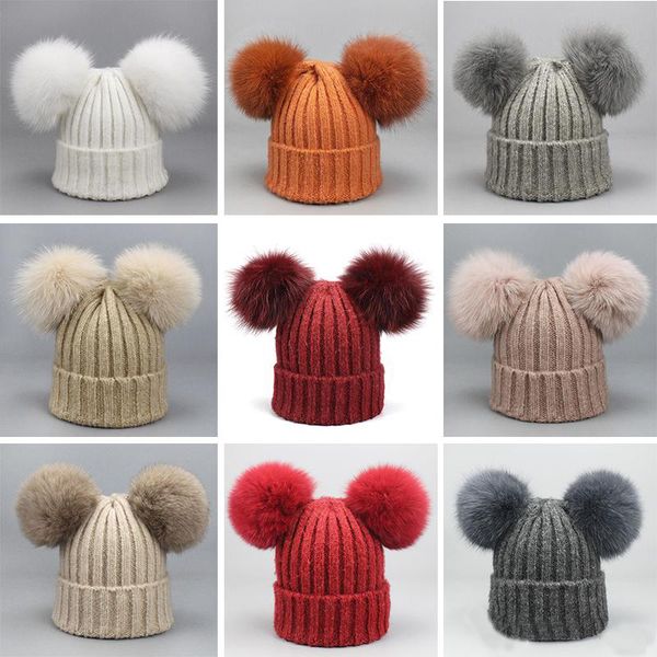 

double pom pom beanie hat woman autumn and winter knitted skull caps fox fur ball wool hat thick warm beanie cap jj20068, Blue;gray