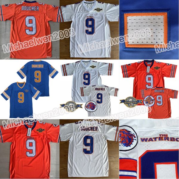 

9 bobby boucher mens adam sandler bobby boucher movie the waterboy mud dogs football jersey with bourbon bowl patch orange white blue, Black;red