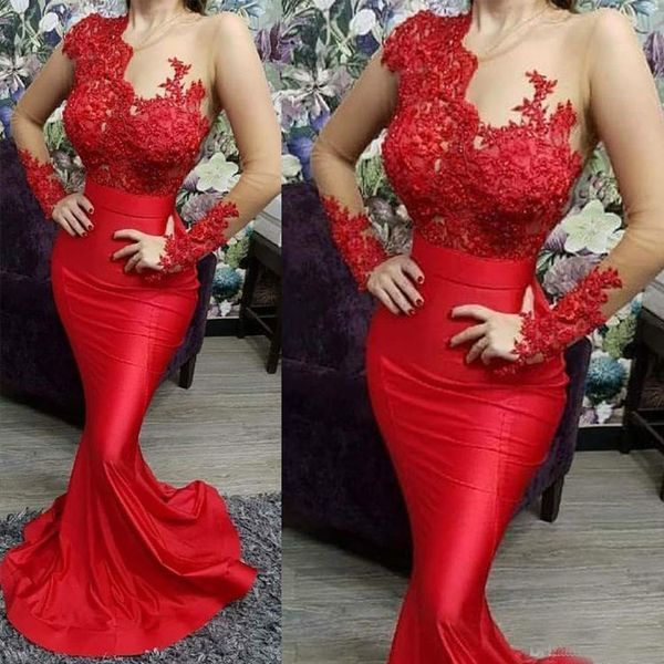 Simples elegante Sheer manga comprida Vestidos Red Prom Mermaid formal do partido Evening Vestidos Lace Appliqued Vestido Pageants