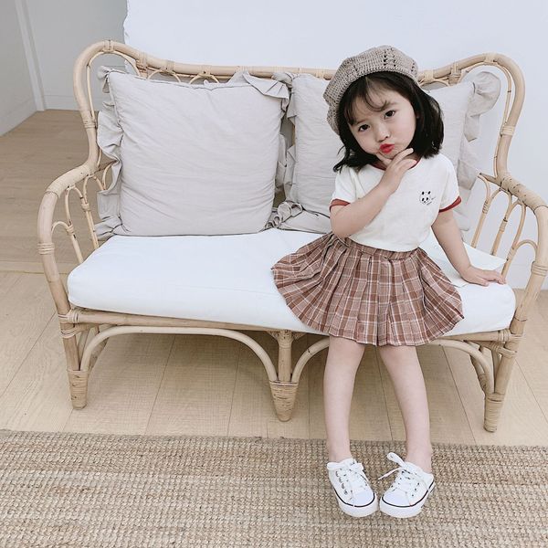 

girls summer casual clothing sets kids t shrits + pleated plaid skirt set girls printed with pattern summer new arrival child clothing, White