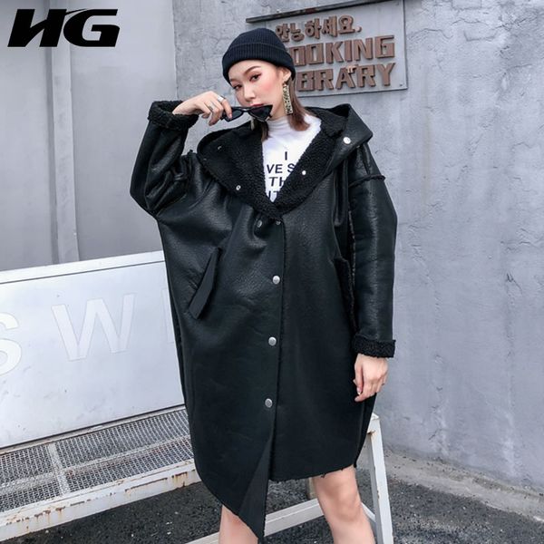 

hg fashion pu leather splice winter coat women irregular hooded parka trend streetwear keep warm plus size women gcc1523, Black