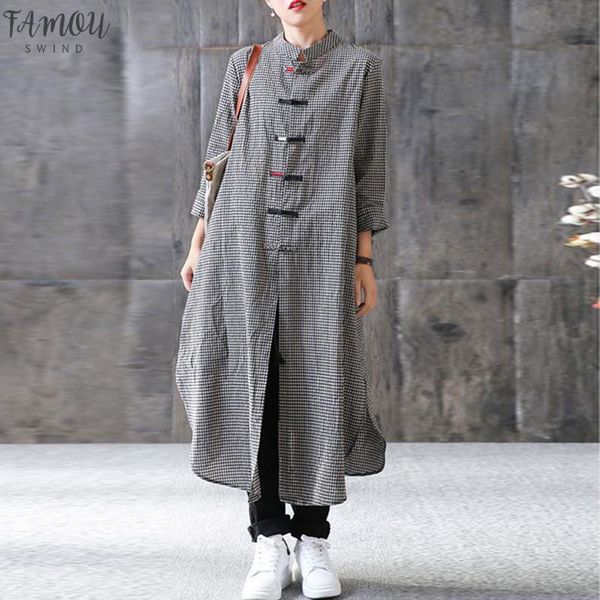 

2019 кнопки maxi длинное платье mandarin воротник с длинным рукавом платье casual женщины robe femme плюс размер женские платья, Black;gray