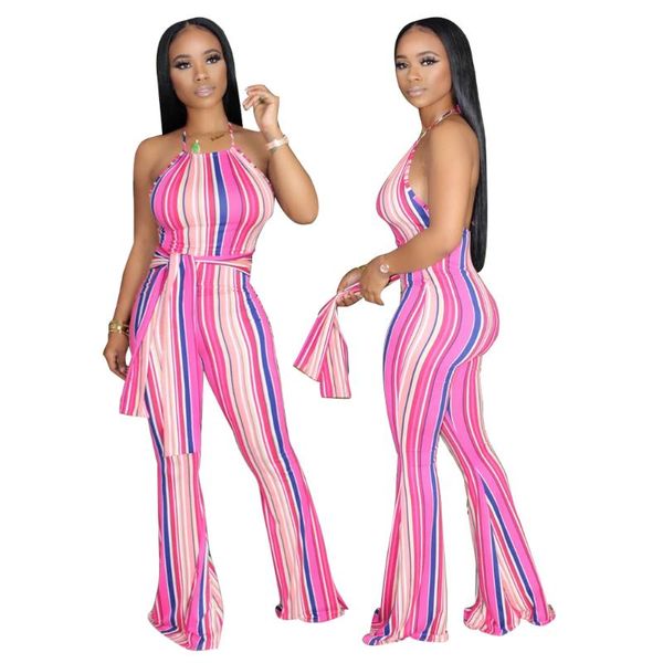 

fashion stripes printed women jumpsuits with halter neck sleeveless sash flare pants summer autumn ladies rompers 2020 real, Black;white