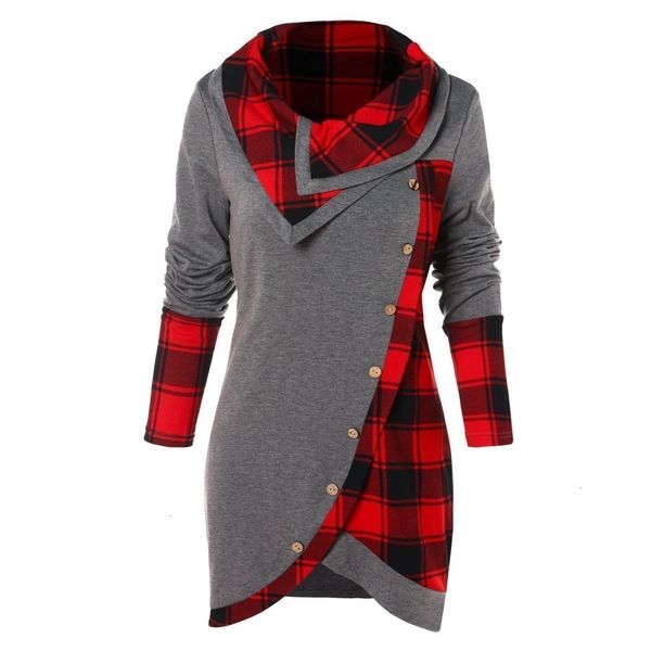 

womens blouses women new women blouse 2019 long sleeve irregular hem plaid button turtleneck tartan tunic sweatshirt pullover y, White