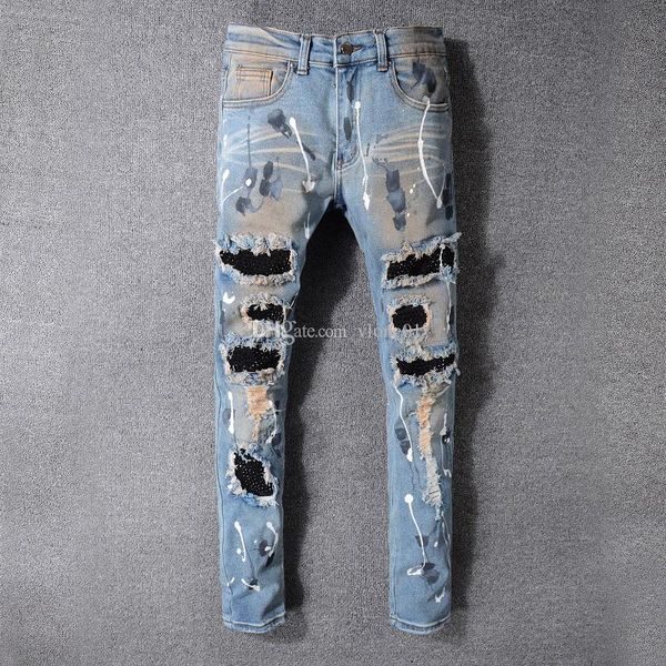 

fashion mens designer jeans mens hip hop style hole motorcycle denim pants mens casual pants, Blue