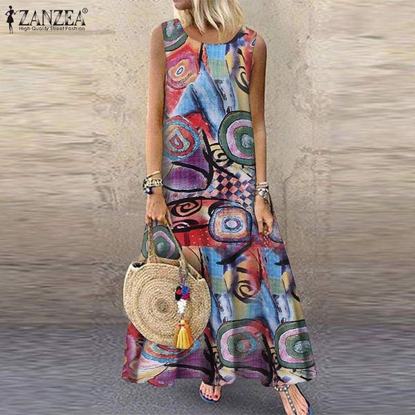 

zanzea 2019 summer printed maxi dress women's sundress vintage o neck sleeveless tunic vestidos plus size casual robe femme 5xl, Black;pink
