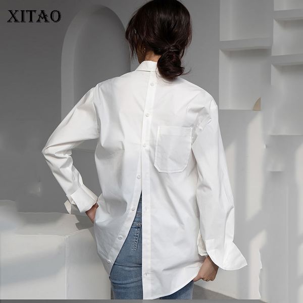 

xitao trend personality рубашка назад кнопка с длинным рукавом женские топы и блузки свободные сплошной цвет меньшинство женская одежда dmy4, White