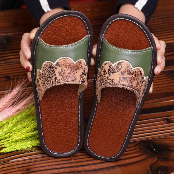 

stone village plus size 35-44 summer indoor household home non-slip couple leather shoes men women slippers mx200425, Black