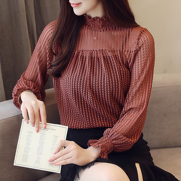 

elegant chiffon blouse shirt new style hollowed out long sleeve women solid color office lady shirt, White